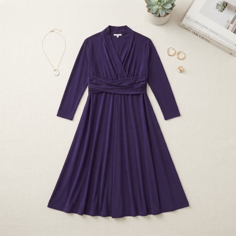 Coldwater Creek Dress Womens PXL Purple Cross Front L/S Midi Petite 18 Modest